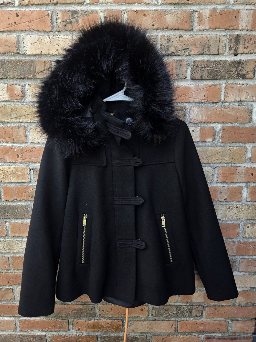 Zara Black Faux Fur-Trim Toggle Pea Coat - Picture 13 of 16